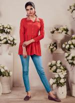 Rayon Red Casual Wear Embroidery Work Readymade Short Top
